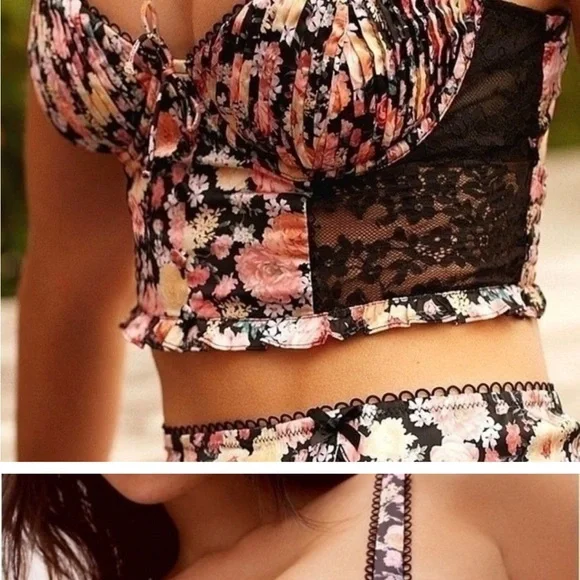 For Love And Lemons Pink Floral Set with Black Lace - Picture 6 of 7